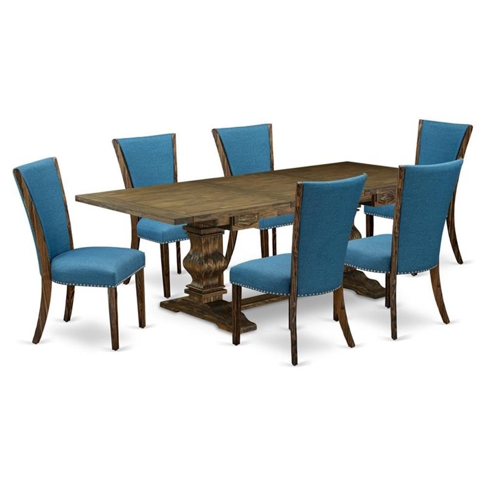 East West Furniture Lave7-77-21 7 Piece Dining Set Consist Of A Rectangle Dining Room Table With Removable Leaf And 6 Blue Color Linen Fabric Upholstered Chairs, 42X92 Inch, Jacobean